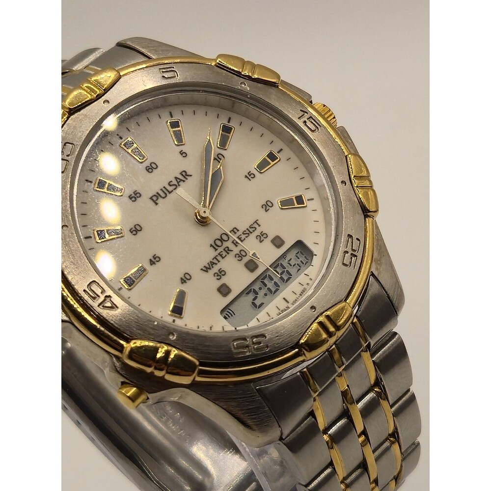 Vintage Pulsar Watch Men's 42mm Two Tone Analog Digital V041-9250. Mint. Box. 96